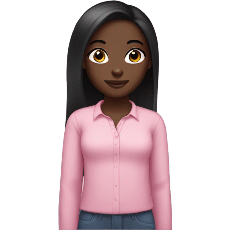 dark skin girl with dark brown eyes and long straight black hair wearing a baby pink long sleeve shirt emoji