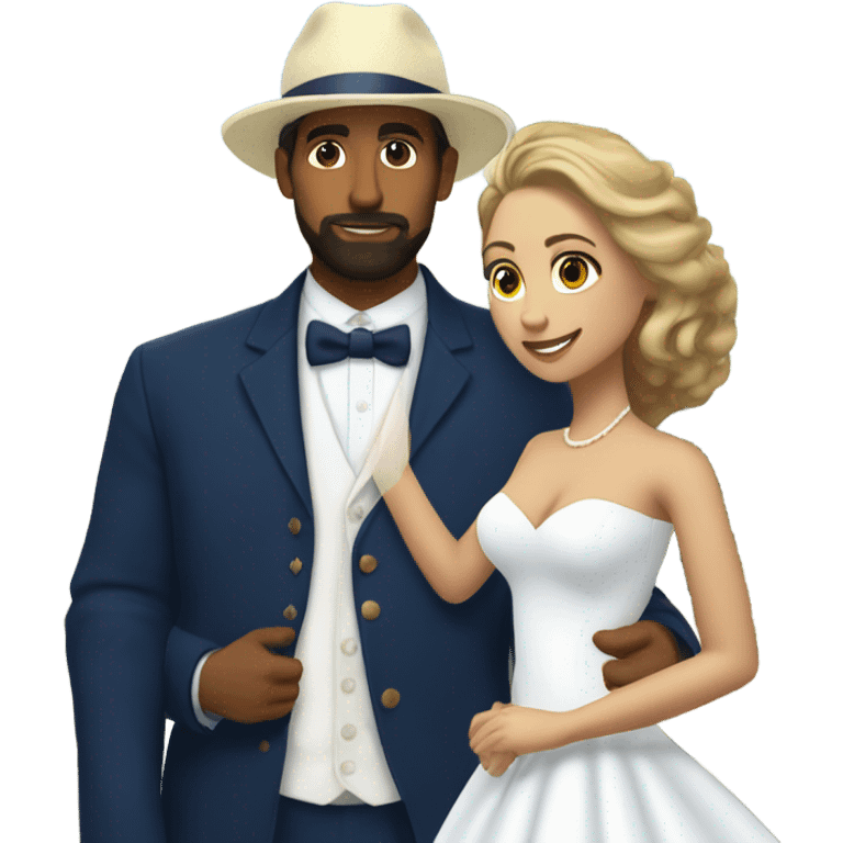 Puerto rican beard short hair with blue hat and navy blue suit getting Married with blond long hair girl with white  wedding dress  emoji