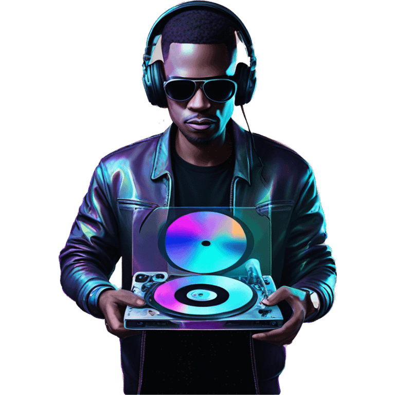 A dj wearing sunglasses playing music holding a cd record record, vinyl, oilslick holographic blacklight inverted graffiti dark dull emoji