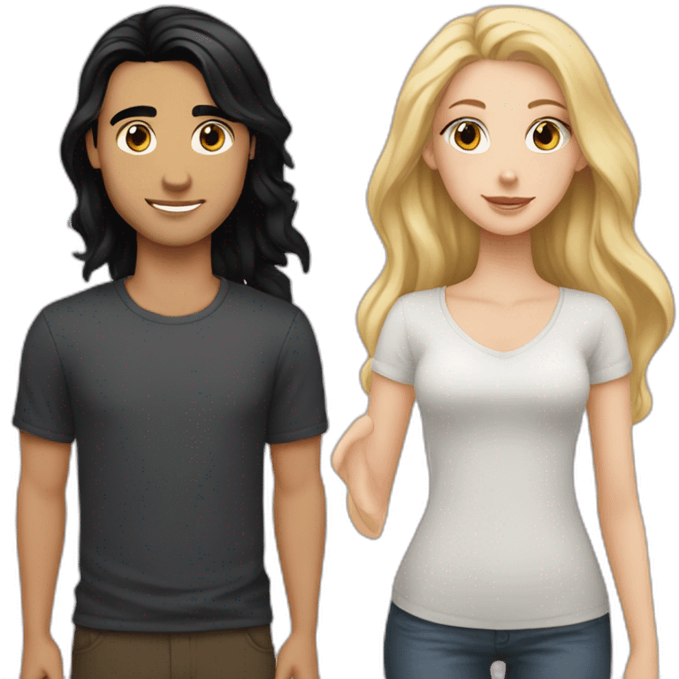 a white girl with black straight hair in love with a white guy with black wavy hair  emoji