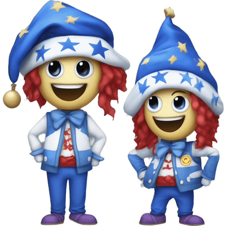 a blue and white moon-themed animatronic with red eyes, a blue sleeping cap with stars on it, jester ruffles, and baggy blue pants with star pattern on it emoji