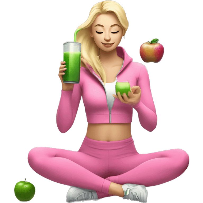 blonde girl in pink yoga pants and zip up workout jacket sitting in a yoga pose and having a green juice in her right hand and an iphone in the other  emoji