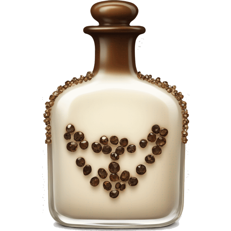 Antique parfumerie bottle with oil, made of bronze and brown crystals, white cream and coffee milk pour from the bottle emoji