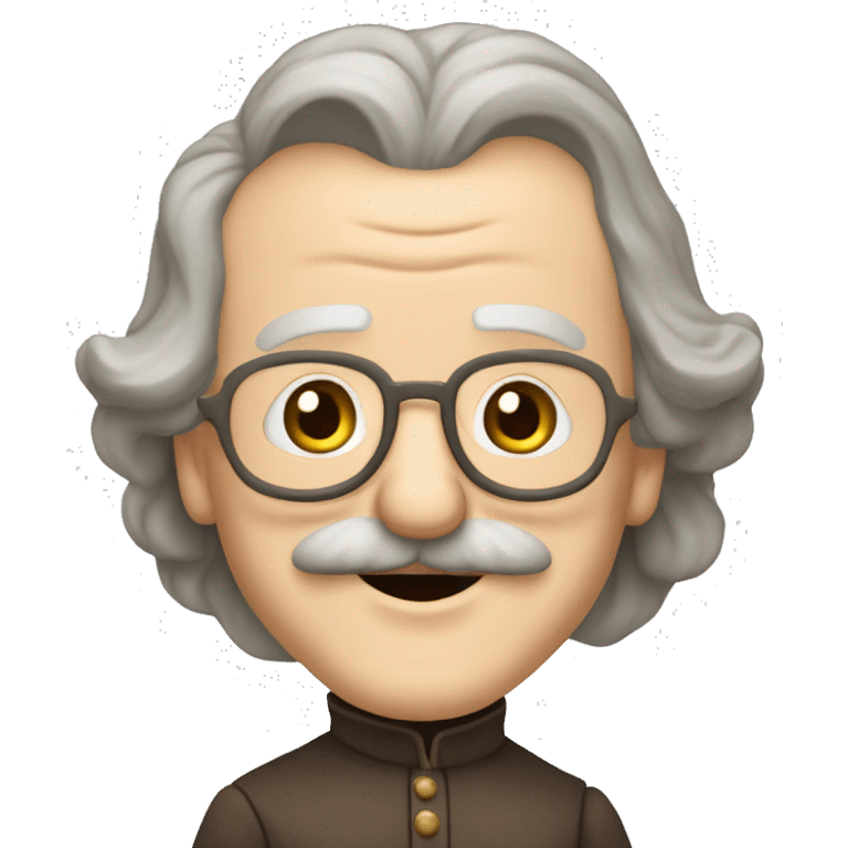 Short pudgy old man over enthusiastic happy excited face bald forehead long wavy gray and brown brunette long wavy hair moustache Shakespearean dress vintage clothes hamlet emoji