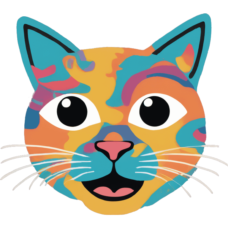 Abstract quirky funky cat made of different shapes and squiggles linocut multicoloured illustrations  emoji