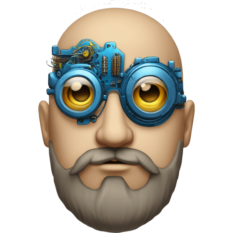 Bearded Fat bald cyborg head with tan skin, blue steampunk goggles and circuits emoji