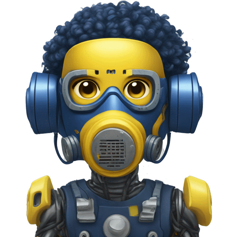 Dark Blue curly hair cyborg head with yellow respirator mask and circuitry emoji