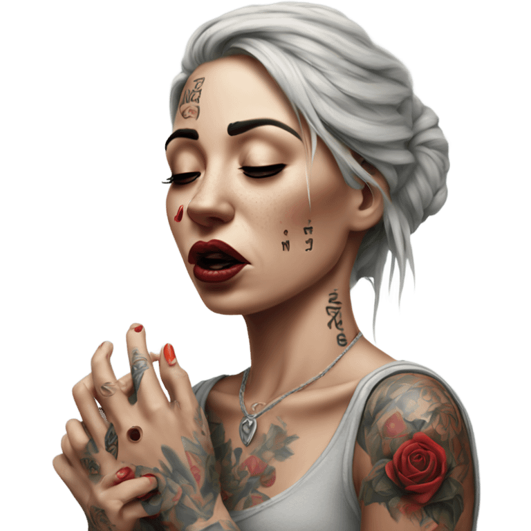 Hyper Realistic Beautiful tattooed woman crying holding a broken heart emoji