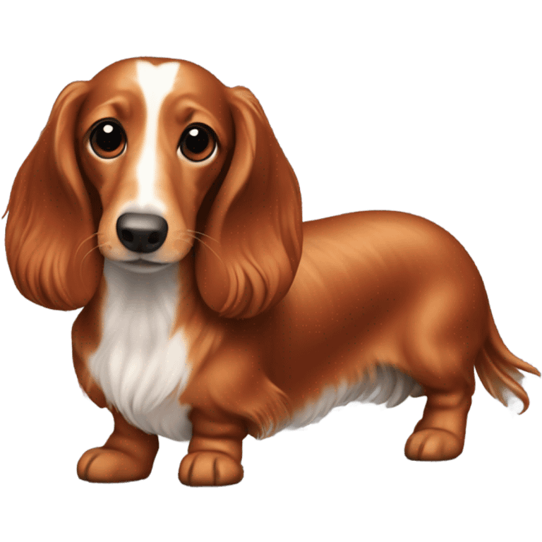 A long-haired marble dachshund stands red-haired emoji