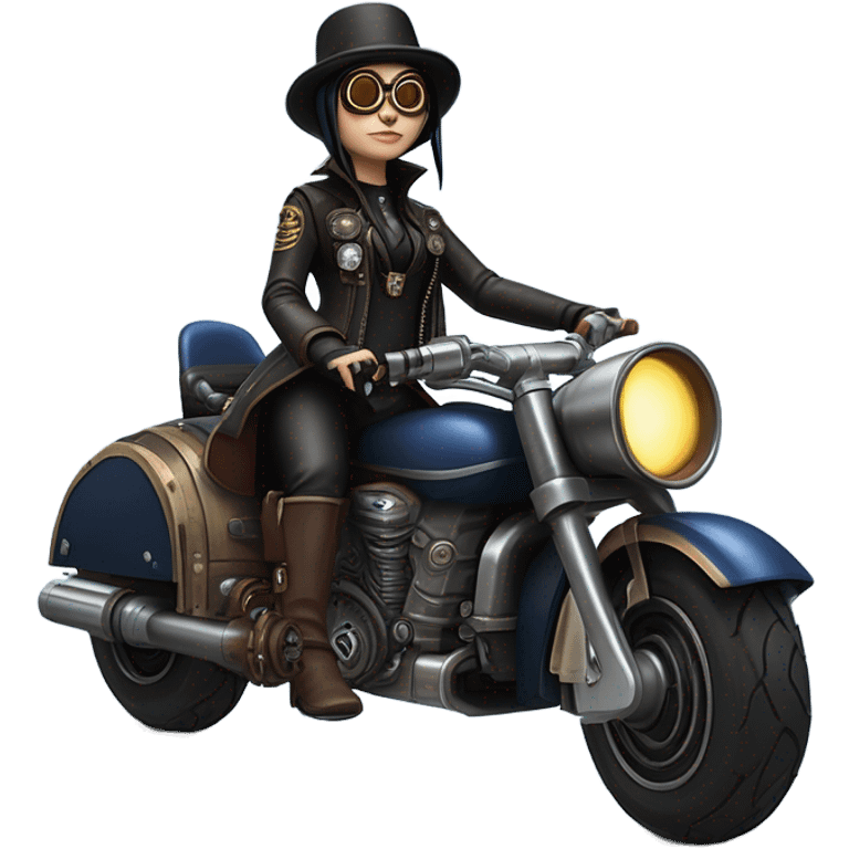 Bounty hunter Wednesday Addams Jedi wearing a pair of navy-blue rimmed steampunk goggles, hat, leather chaps, fringe jacket riding a relaxed sci-fi 3 wheeled steampunk electric motorcycle with large fenders and saddlebags in desert town  emoji