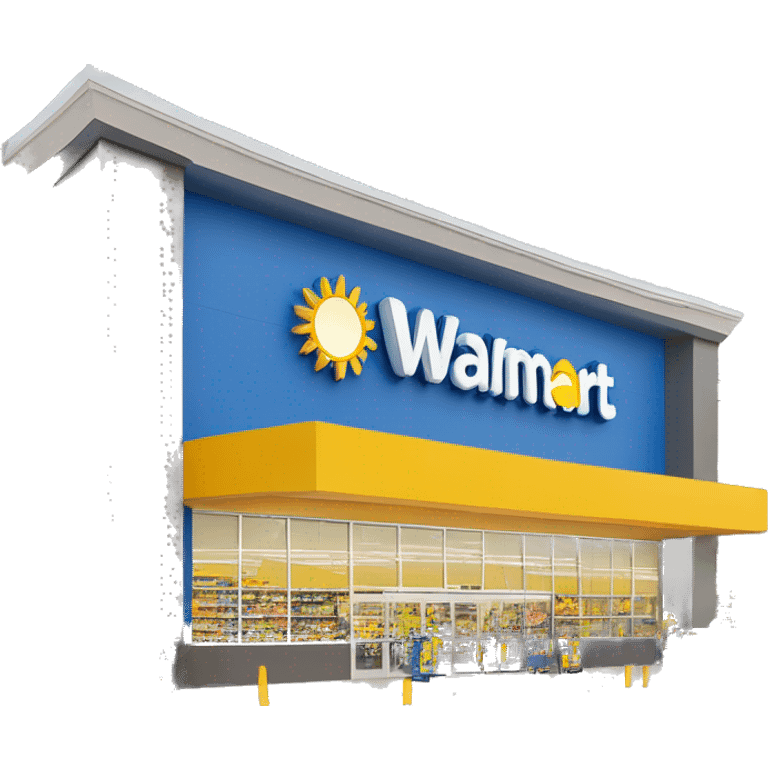 “Exterior of a Walmart store with the sunburst logo above the entrance, blue facade with yellow accents, large sliding glass doors, and shopping carts lined up outside, capturing the look of a busy retail supercenter.” emoji