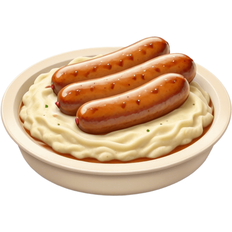 Cinematic Realistic Bangers and Mash Dish Emoji, featuring succulent pork sausages paired with creamy mashed potatoes rendered with detailed textures and natural highlights that emphasize its robust, hearty flavor. emoji