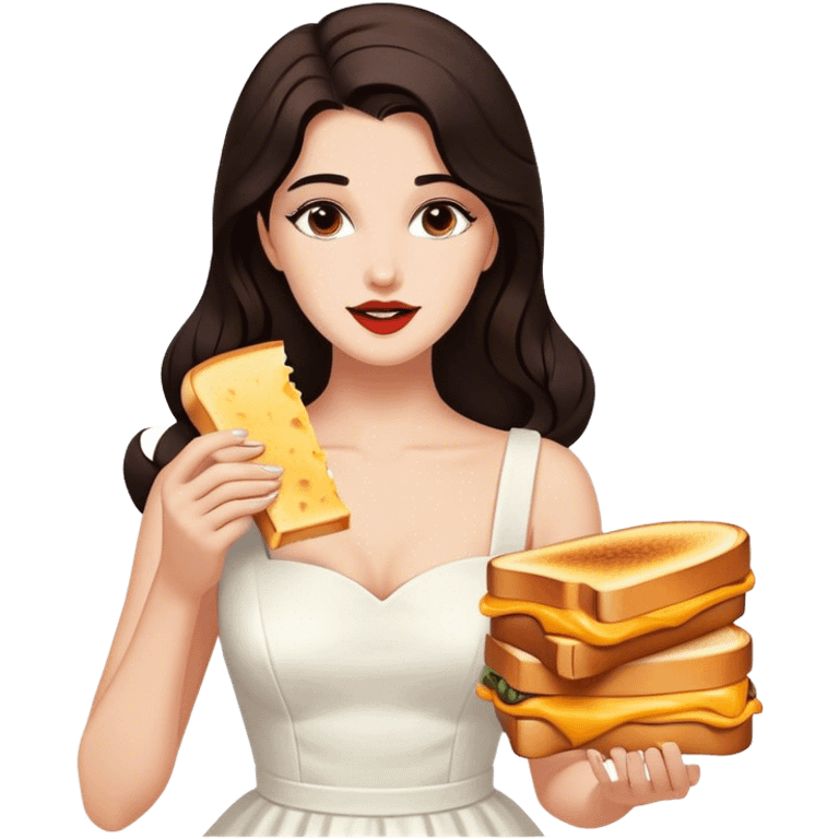 Beautiful woman in 1950’s woman fashion look, white dress, long dark brown hair, grilled cheese sandwiche emoji