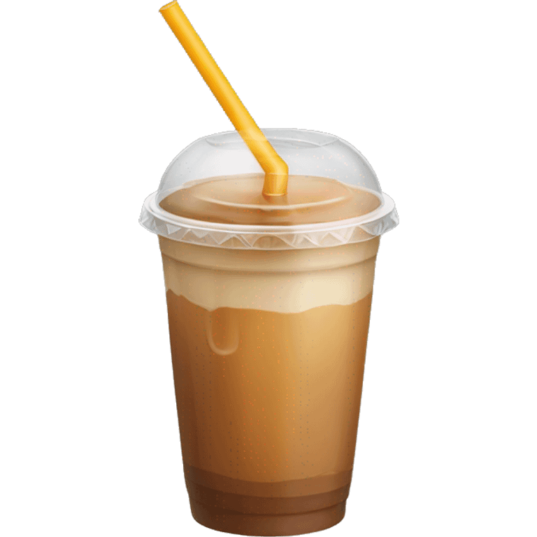 Iced caramel latte in a plastic cup with a lid and straw emoji