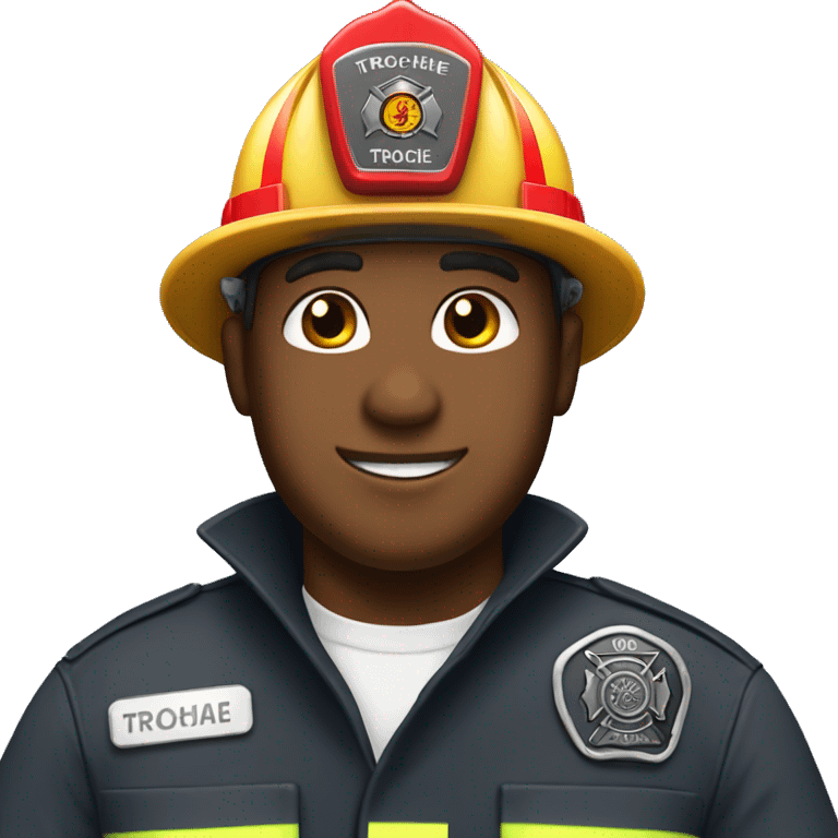 Firefighter man wearing name tag that says TROCHE emoji