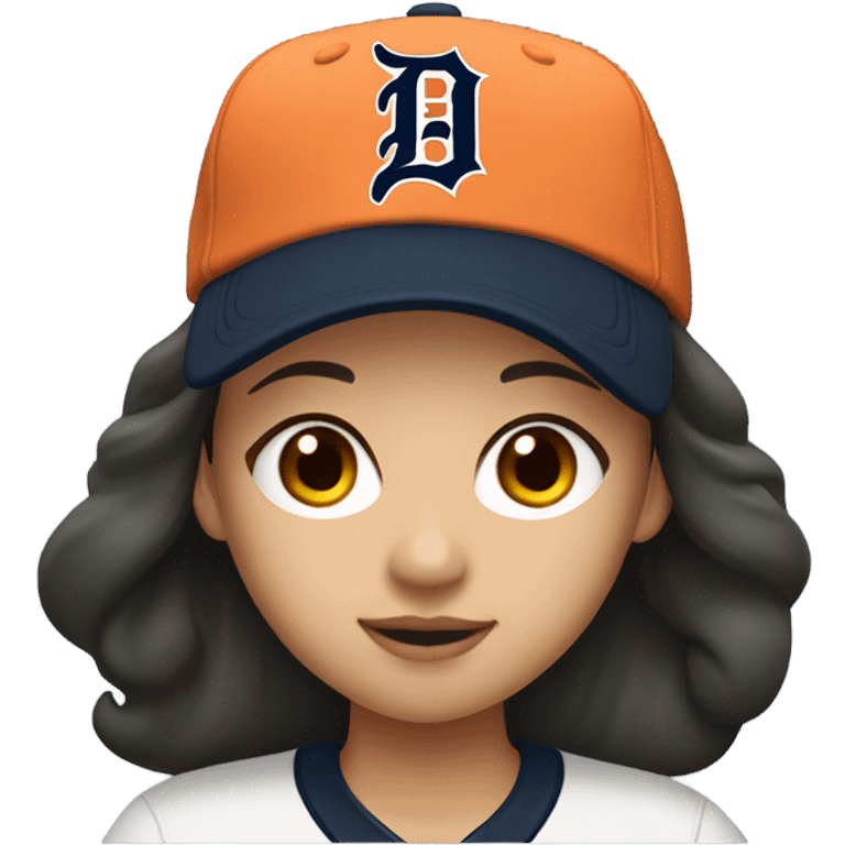 Asian girl with brunette hair wearing a Detroit Tigers baseball hat emoji