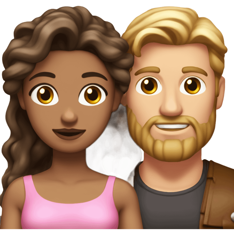 A handsome pale Greek god man who has long brown hair and tanned skin with a pretty black skinny tall model woman who has long voluminous brown & blonde highlights hair  and she is wearing a pink dress and they are a couple emoji