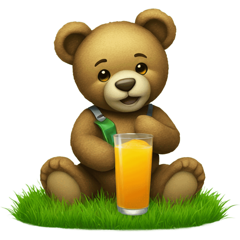 Teddy bear holding a glass of juice sitting on green grass emoji