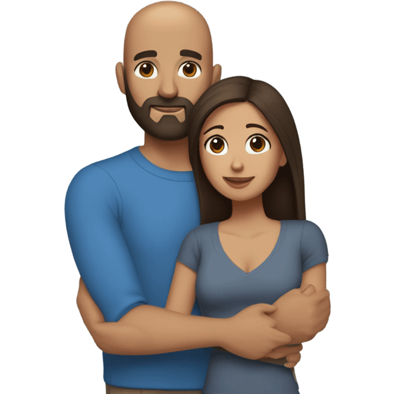 Comforting hug from brunette Puerto Rican with dark brown eyes wearing a cute blue top to short, bald man with brown eyes and a beard wearing a sweater emoji