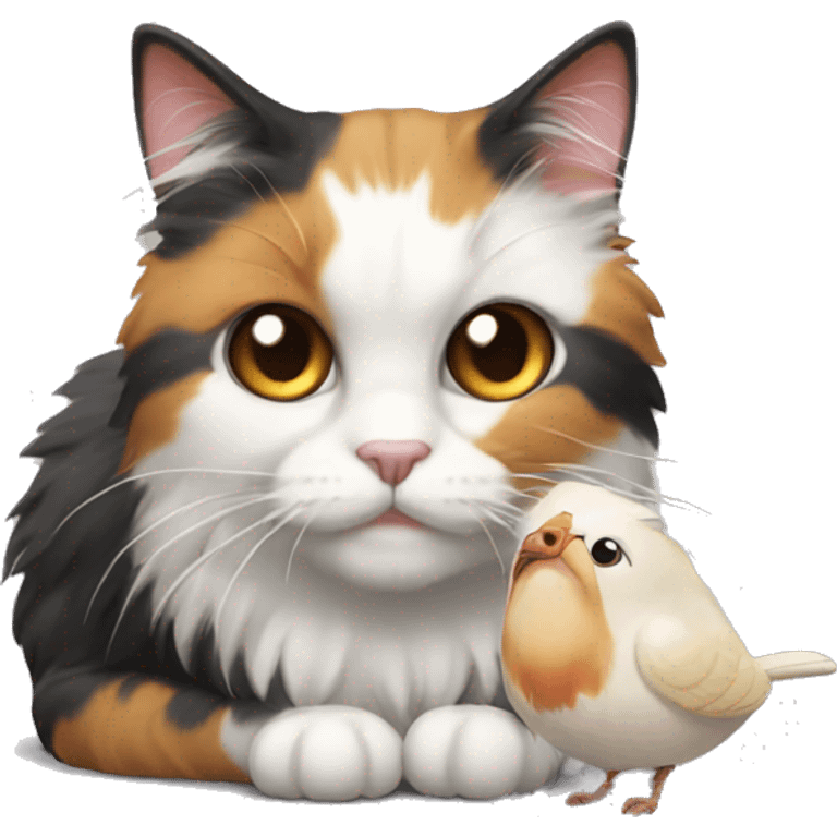 fluffy calico cat eating bird emoji