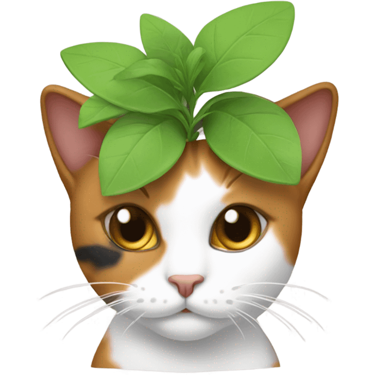 A calico cat with a plant atop its he emoji