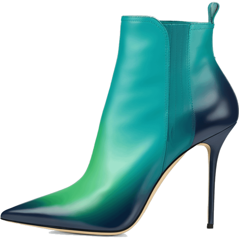 Realistic isolated top view of a pair of light teal,green,navy blue ombre Jimmy Choo stiletto pointed toe boots. emoji