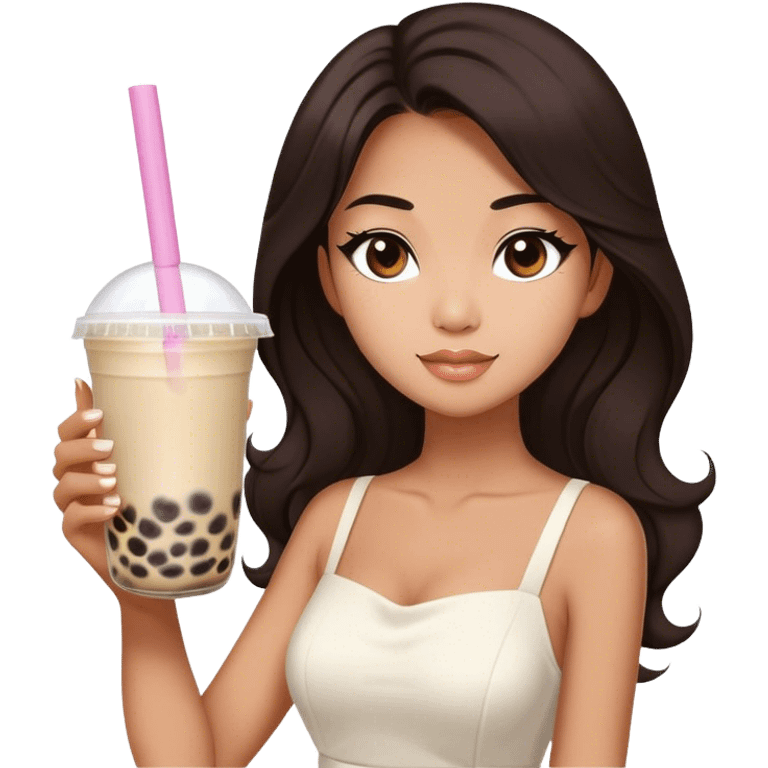 Beautiful woman in 1965’s woman fashion look, white dress, long dark brown hair, bubble tea emoji