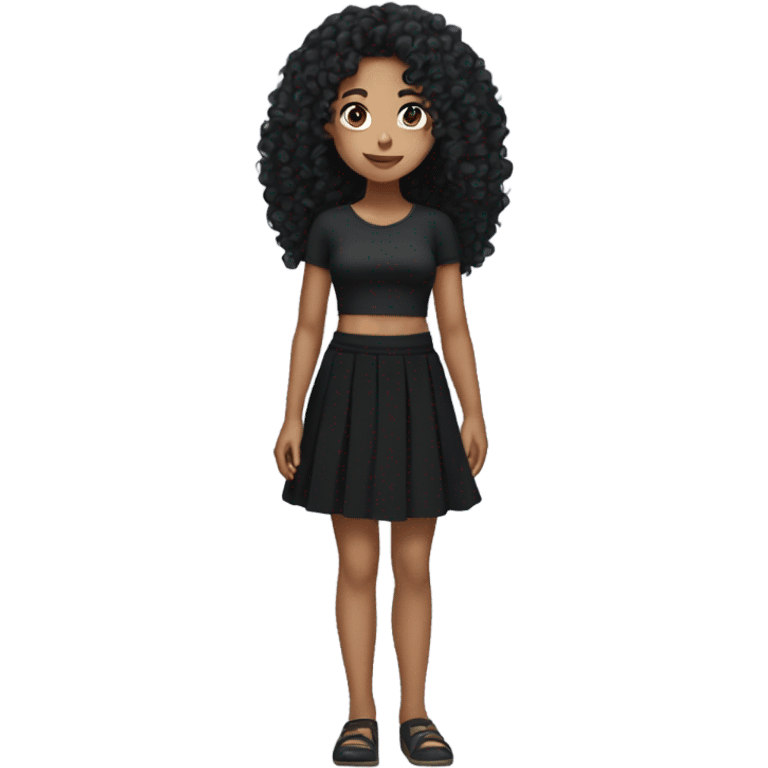 Tan girl with black long curly hair black skirt full body emoji