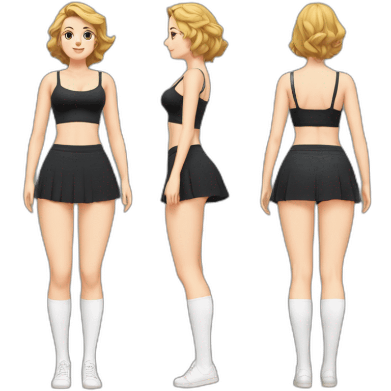 full-body-caucasian-curvy-beauty-кланяется-short-black-skirt-back-and-front-views-strong-wind-knickers-long-white-socks emoji