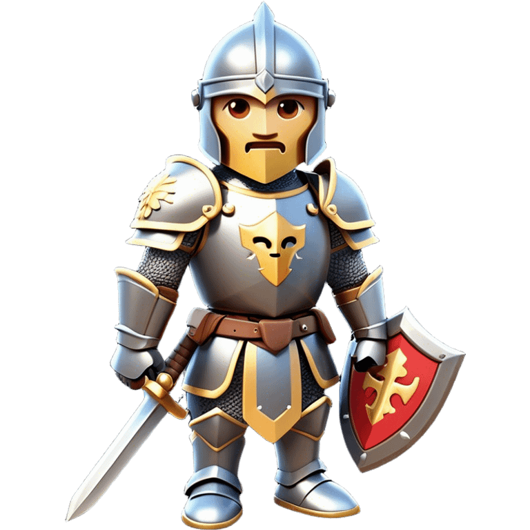 Clash of Clans aesthetic: Cinematic Playful Armored Knight Hero Emoji, rendered in a 3D vector-style similar to standard emojis with minimal shading and bold, simplified shapes. A compact, isometric warrior clad in gleaming plate armor with intricate heraldic details, softly glowing with a chivalrous medieval charm. Simplified yet unmistakably iconic, highly detailed and consistent, glowing with a soft radiant shine and high polish. Stylized with a touch of noble valor and a soft glowing outline, capturing the essence of a gallant knight ready for honorable battle with a friendly, playful manner! emoji