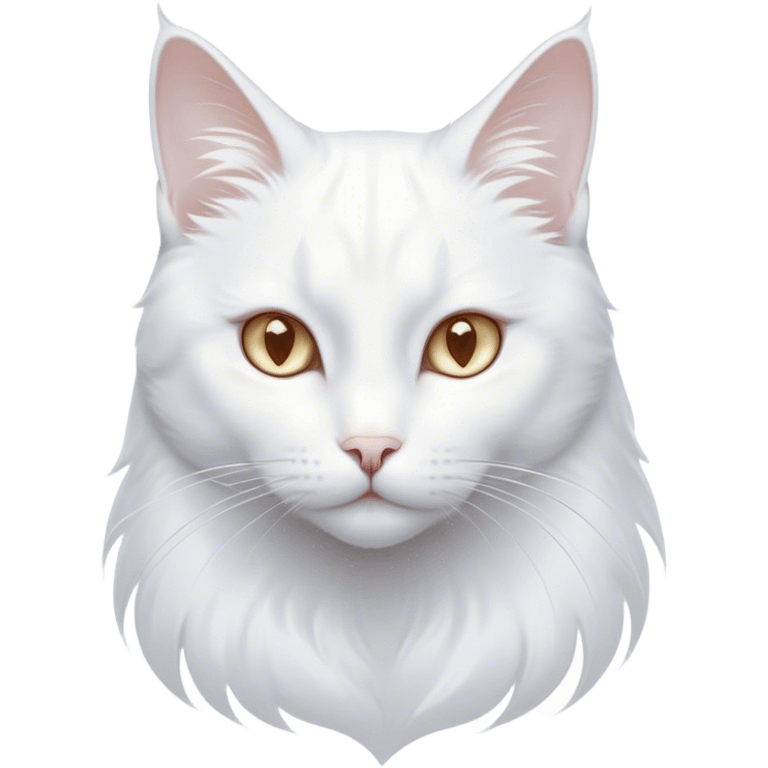 Cinematic Noble White Cat Portrait Emoji, Poised and stately, with a pristine, snow-white fur accented by delicate hints of silver, refined whiskers and a serene, focused gaze, simplified yet impeccably detailed, glowing with an ethereal radiance and timeless elegance, high shine, exuding calm intelligence and regal simplicity, soft glowing outline, capturing the essence of a noble white cat that radiates quiet majesty! emoji