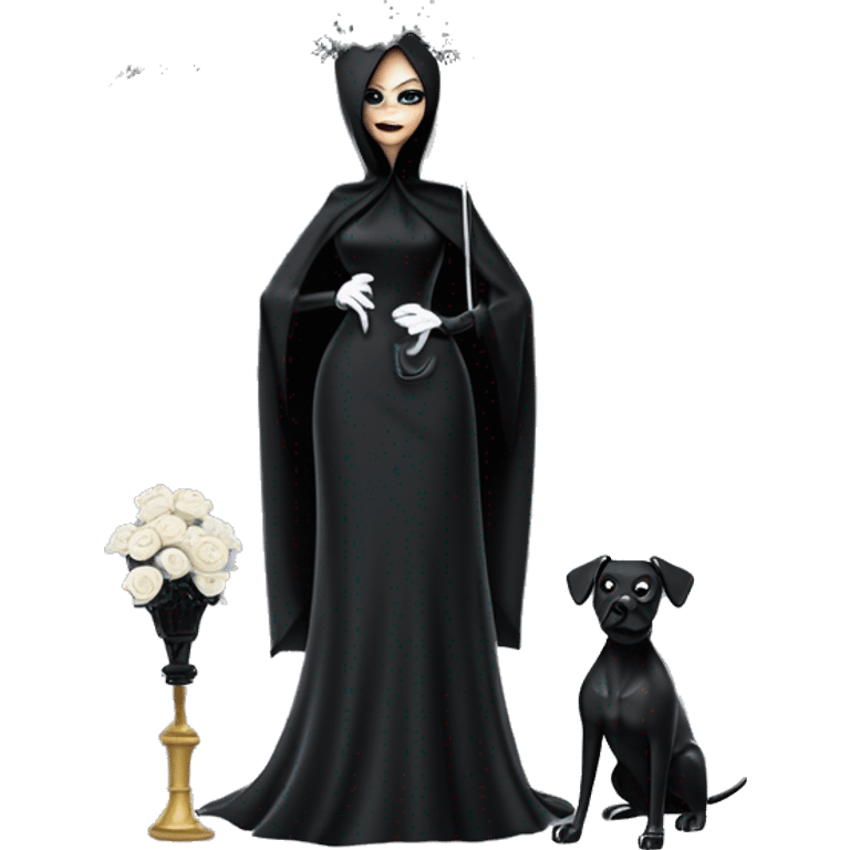 Funeral Barbie,teen Morticia Addams ,drying tears with handkerchief, show full body,accessories  gloves, funeral veil, holding umbrella  emoji