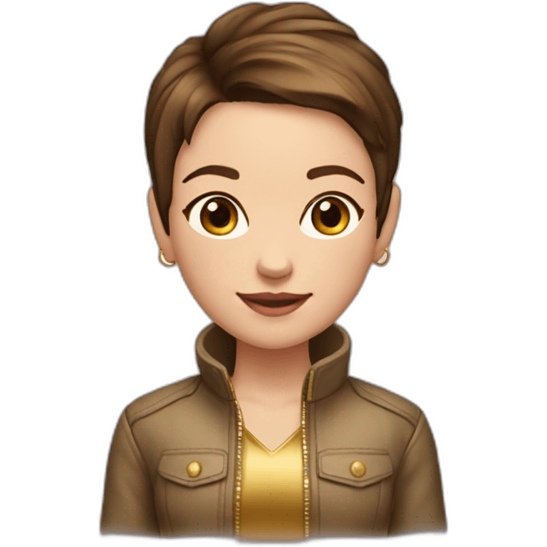 girl-shortest brown hair-gold jacket-smile-ear rings emoji