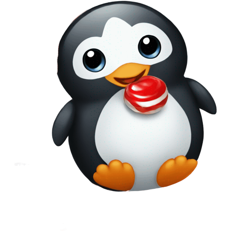 A cute baby penguin eating red candy  emoji