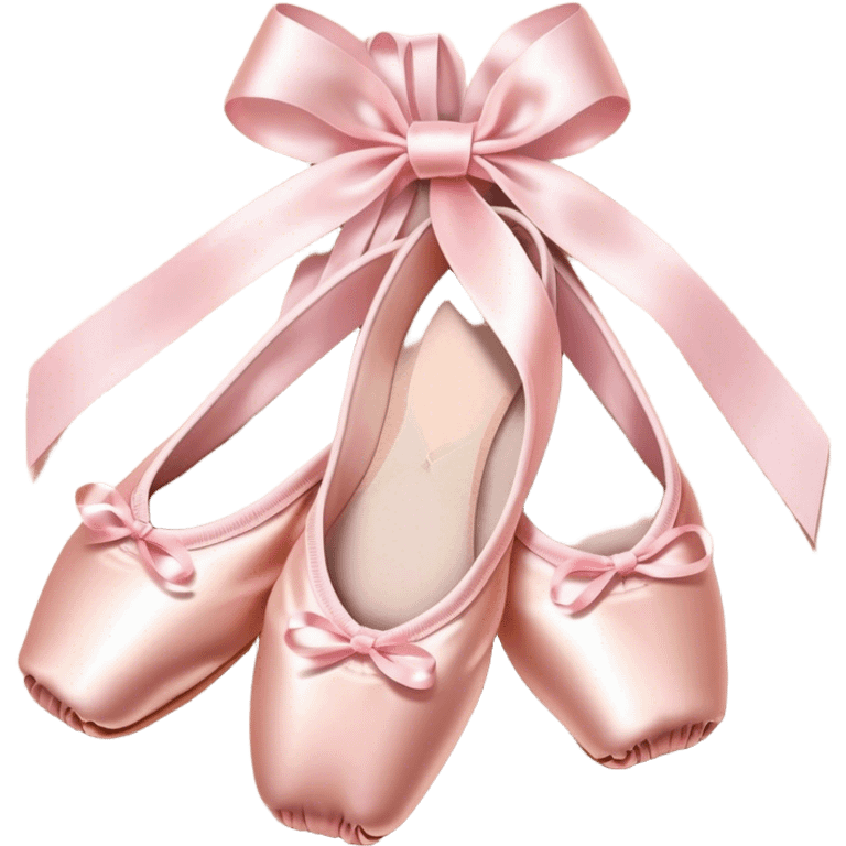 Cinematic Realistic Ballet Shoes, soft satin pink pointe shoes with delicate ribbons, resting gently on a polished wooden floor, subtle creases in the fabric, glowing under the warm golden light of a rehearsal studio, evoking elegance and grace. emoji