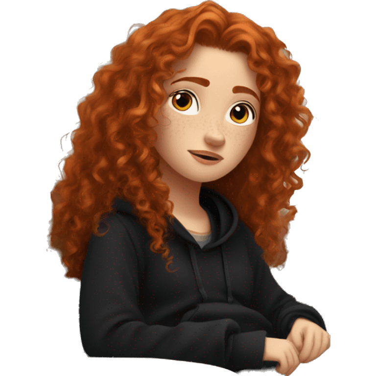 redhead long hair curly hair girl like merida chilling in black hoodie with freckles on couch  emoji