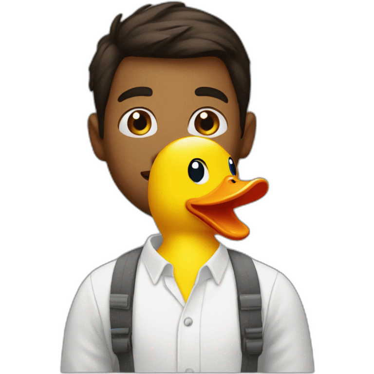 A young man talking to rubber duck emoji