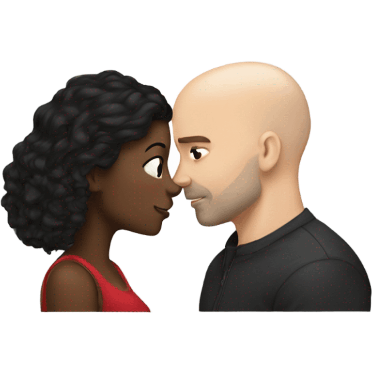 White girl dark hair kissing bald black man emoji