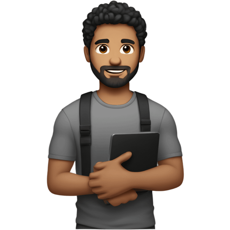 men holding his computer in hands. light brown skin men with curly black hair, dark brown eyes, little grown beard. little bit muscular. dressed casual. round face. emoji