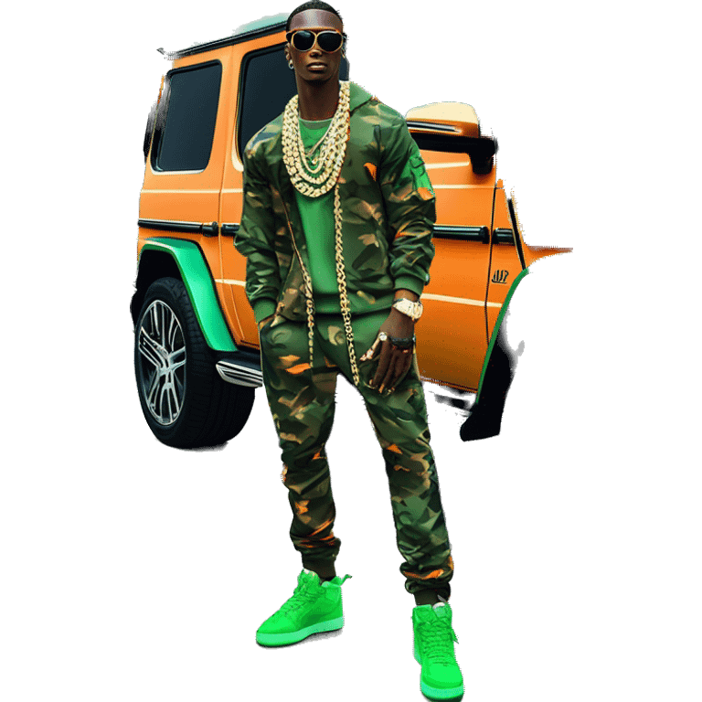 Young Dolph luxury clothes,blue diamond chain on,near his car, just opened drivers side car door to his all orange and green colored,whole car painted army camouflage, Mercedes G Wagon emoji