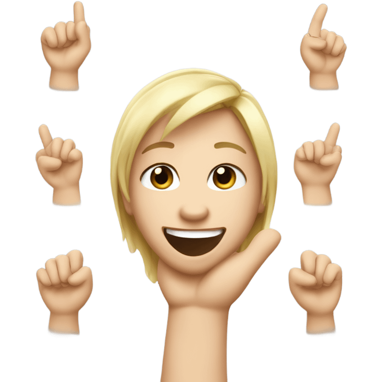 Create a cute, cartoon-style emoji with a neutral, joyful expression. should have blonde hair and light brown eyes, resembling Melina, with a hand raised making the 'rock and roll' gesture index and pinky fingers up, others folded. emoji