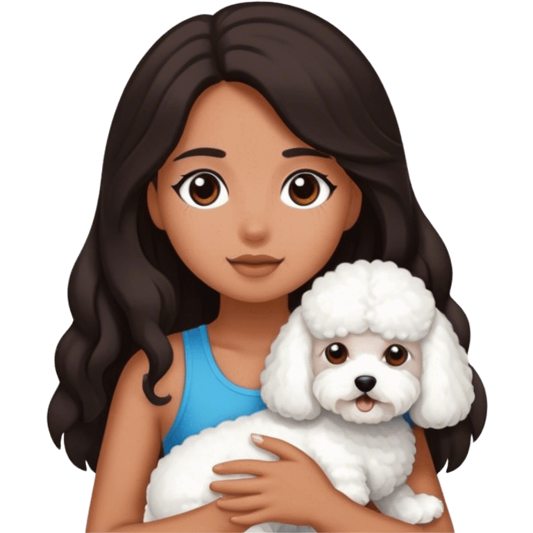 A tanned girl with dark, long hair and a bichon emoji