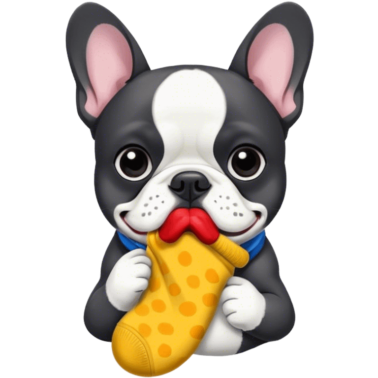 Black and white frenchie eating a sock  emoji