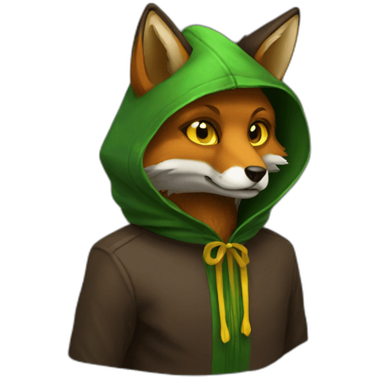 brown fox with yellow eyes and a green dark hood that sadly emoji