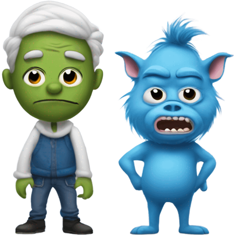 A blue grinch and pig man standing cool  emoji