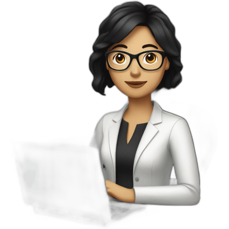 create emoji of a woman with medium black hair, wearing glasses and white, working with a computer emoji