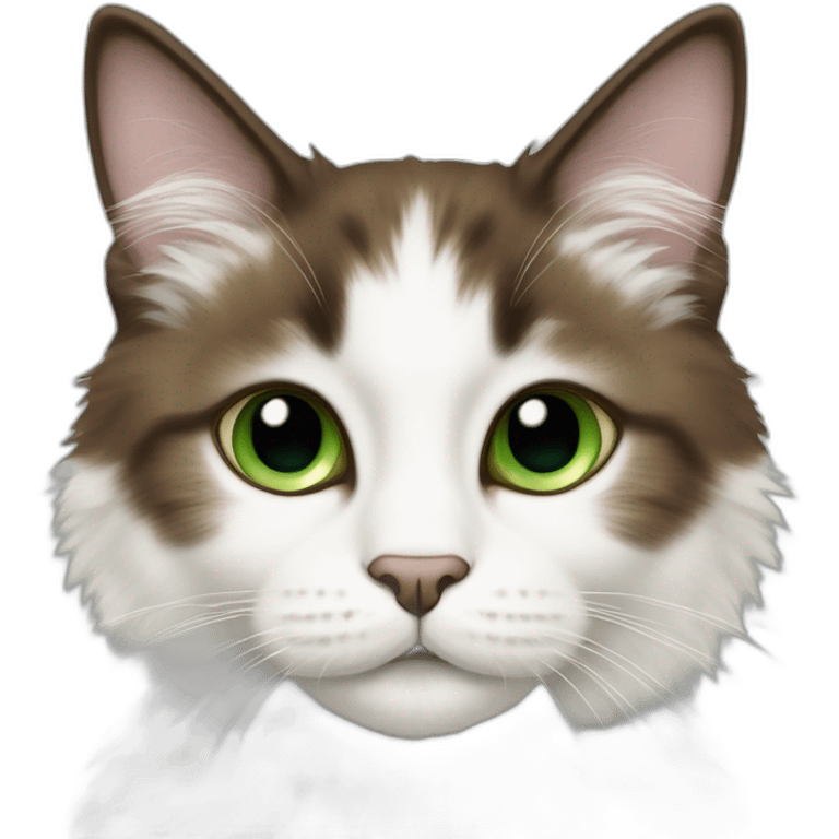 white fluffy bi-colour cat with dark brown ears and upper head, brown ears and green eyes emoji