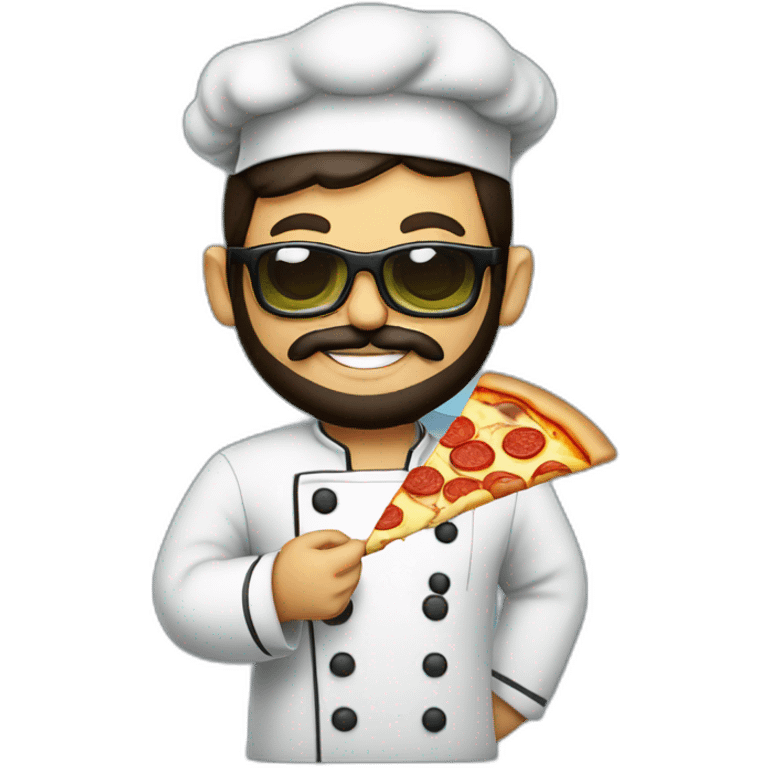 Dark haired chef with beard and big dark glasses holding a slice of pizza emoji