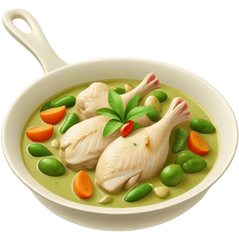 Cinematic Realistic Green Chicken Curry Dish Emoji, depicted with tender chicken simmered in a fragrant green curry sauce with vegetables rendered with rich textures and dynamic, vibrant lighting. emoji