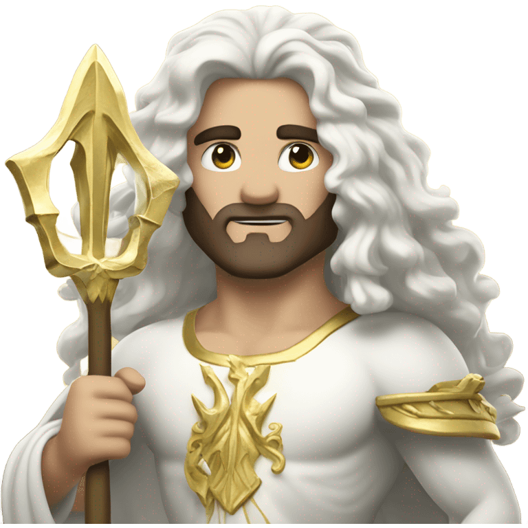 white Poseidon with gold Trident. long white hair white dress. with keys emoji